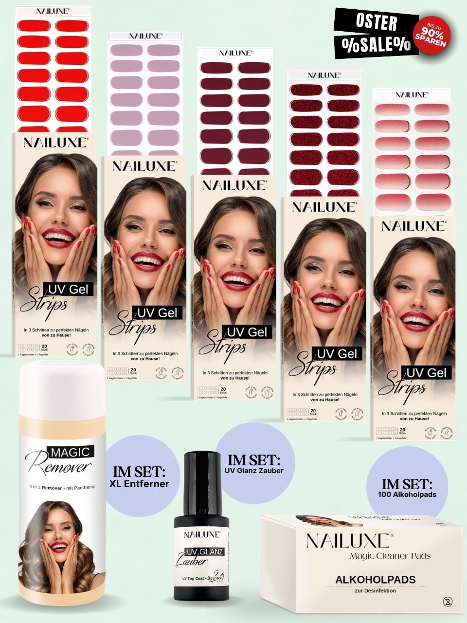 OSTER SALE 5er UV Set + Entferner + UV Glanz Zauber + Alkoholpads