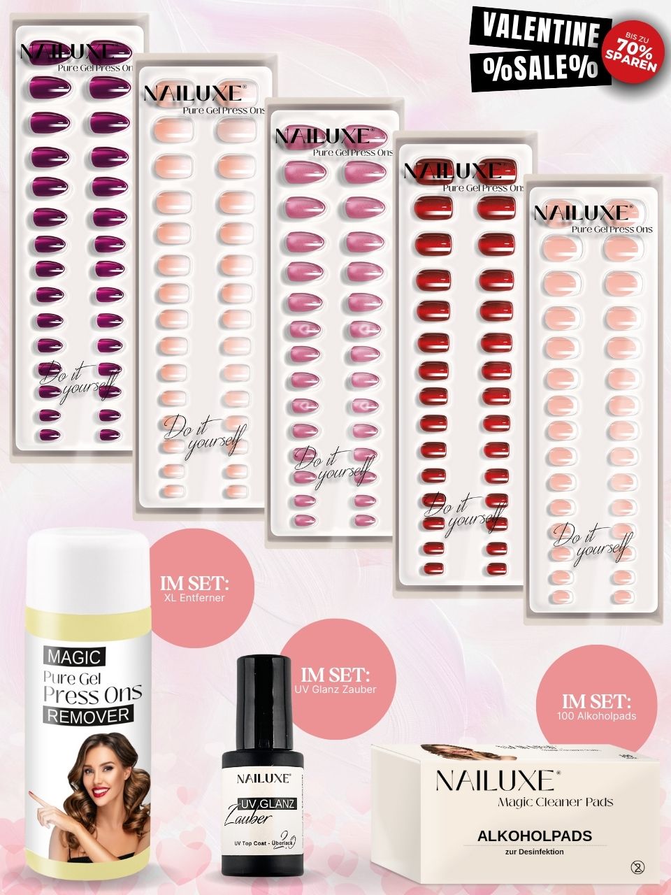 Valentine SALE 5er Pure Gel Press On Set + Entferner + UV Glanz Zauber + Alkoholpads