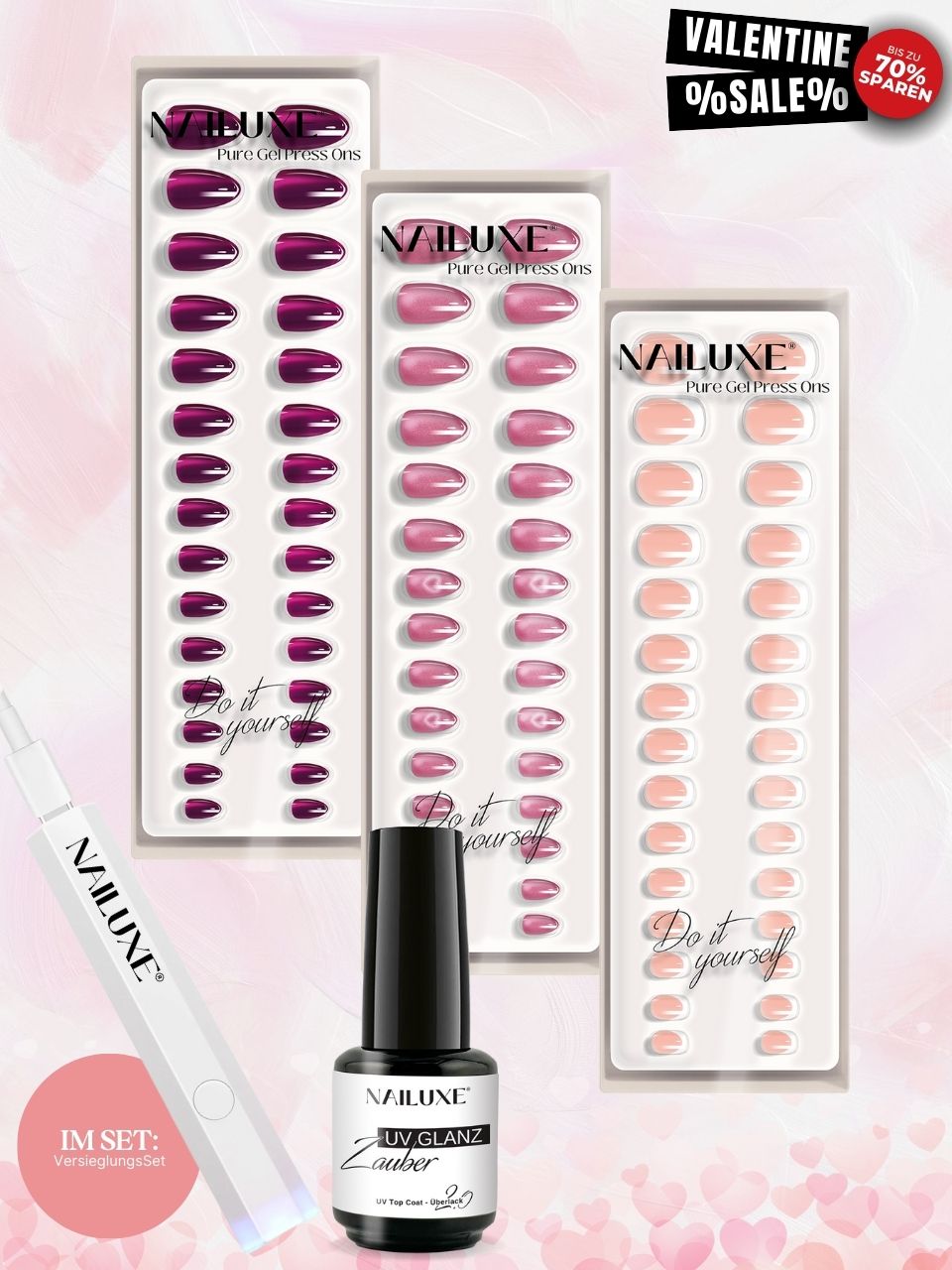 Valentine SALE 3er Pure Gel Press On Set + VersieglungsSet