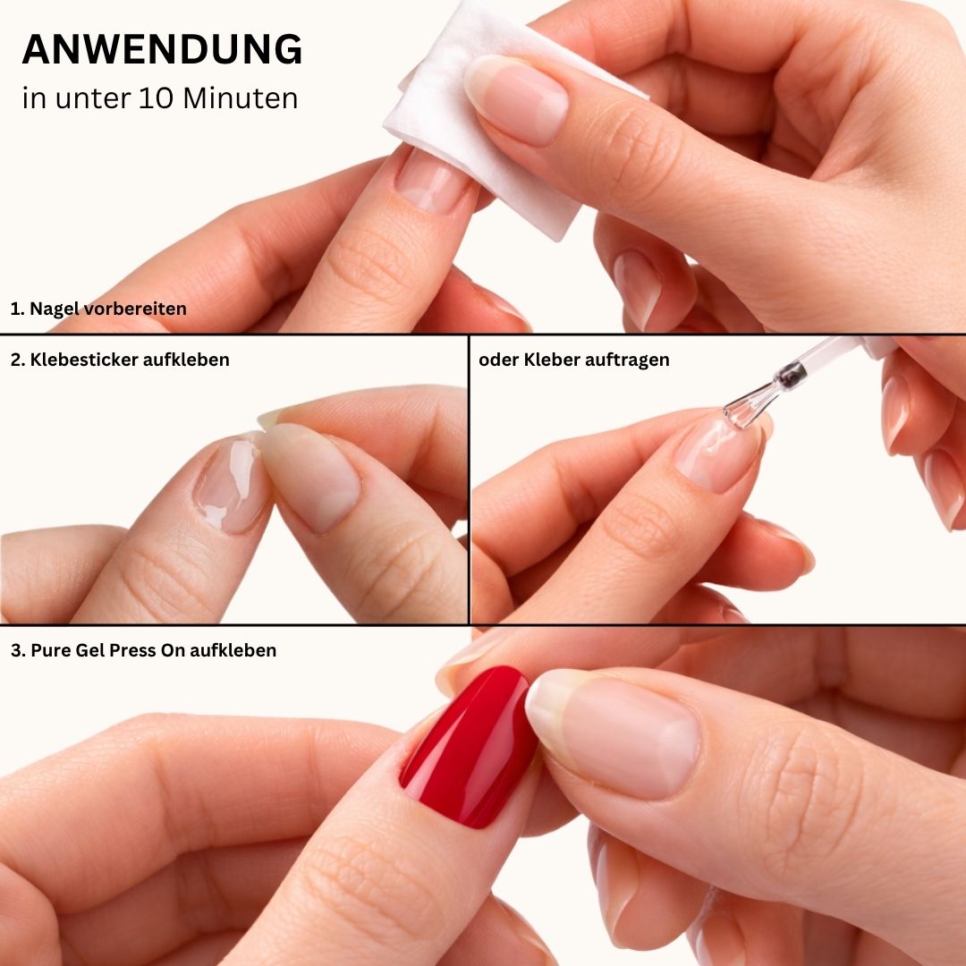 NAILUXE Pure Gel Press On Anwendung in unter 10 Minuten, Nägel vorbereiten, Klebesticker oder Nagelkleber auftragen und Press-On Nails befestigen