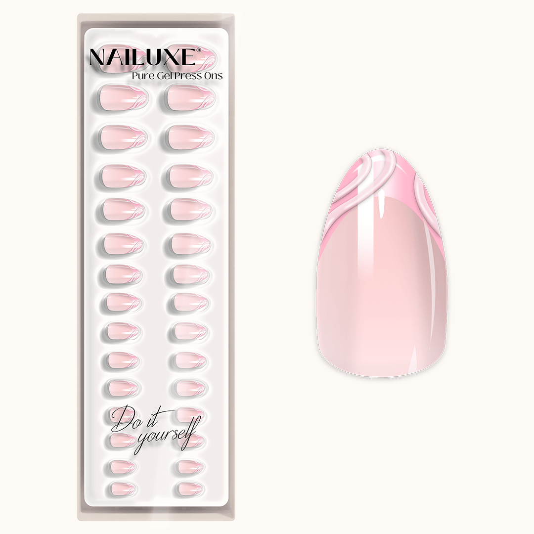 French Sugar - Short Almond - Pure Gel Press On - Elegante Pure Gel Nägel mit zarter rosa French Spitze