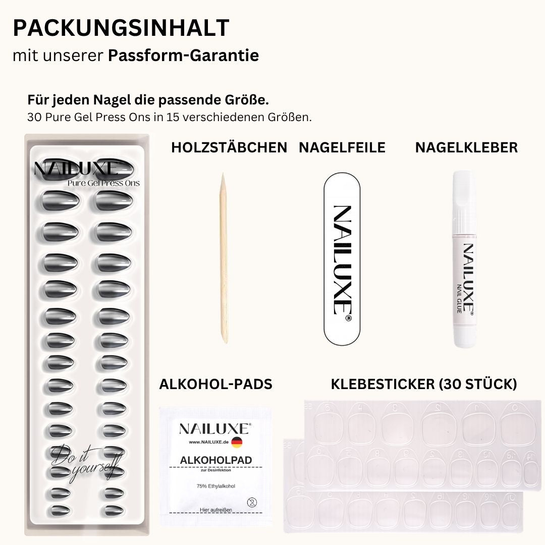 NAILUXE Pure Gel Press Ons Packungsinhalt mit Passform-Garantie, Nägel in 15 Größen, Holzstäbchen, Nagelfeile, Nagelkleber, Alkohol-Pads und Klebesticker