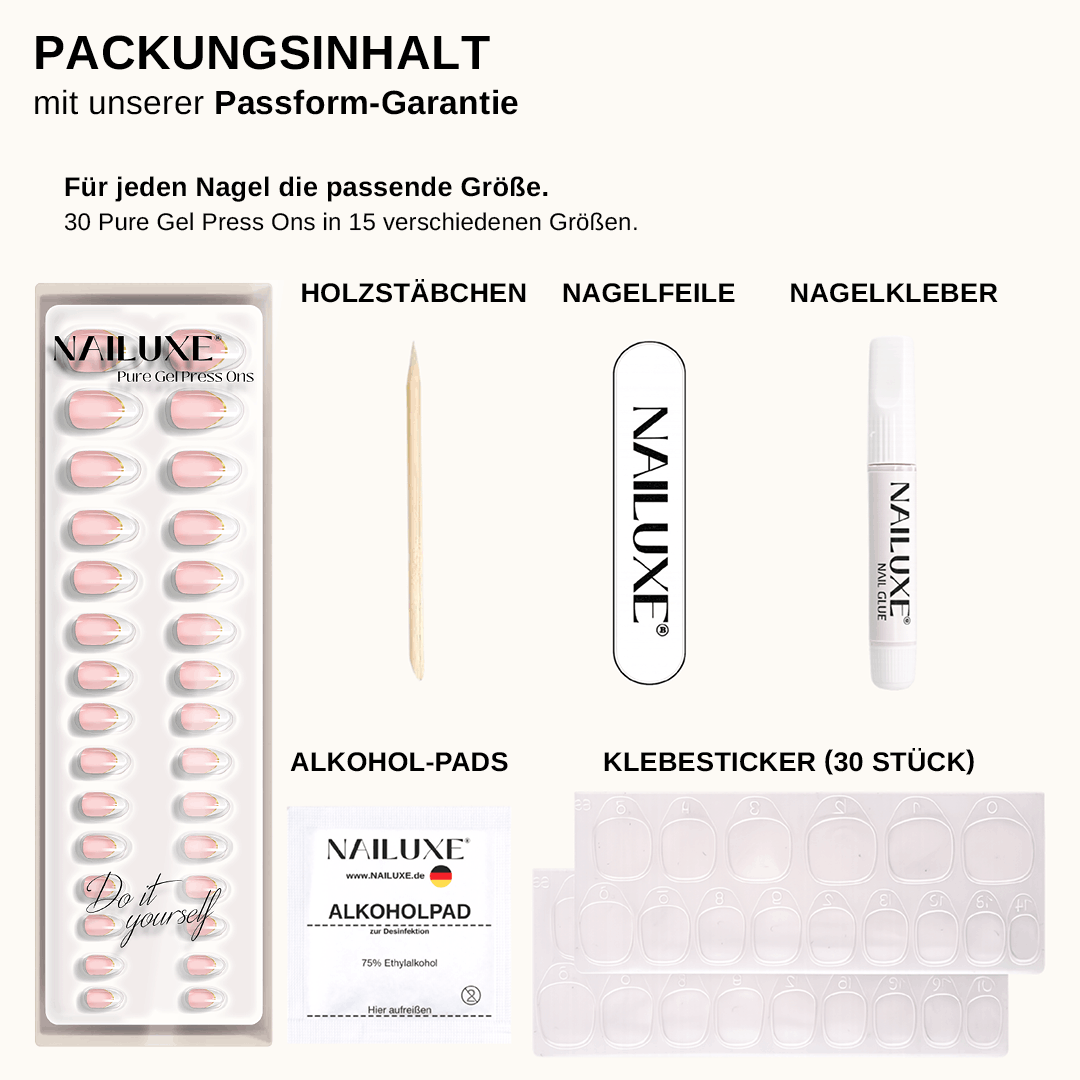 Packungsinhalt French Gold Stripe: 15 Press On Nägel, Klebesticker, Nagelkleber, Buffer-Feile und Zubehör