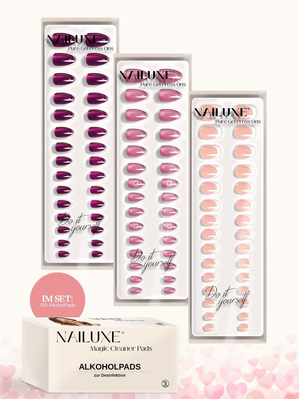 3er Pure Gel Press On Set + 100er Box AlkoholPads