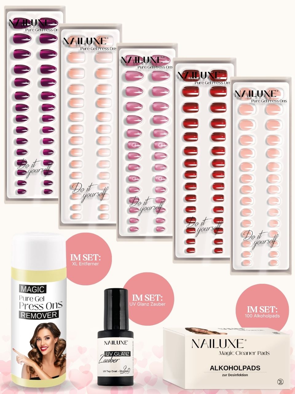 5er Pure Gel Press On Set + Entferner + UV Glanz Zauber + Alkoholpads