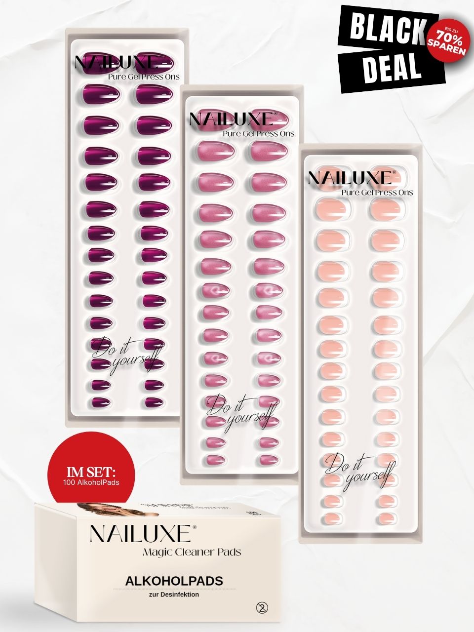 Weihnachts 3er Pure Gel Press On Set + 100er Box AlkoholPads