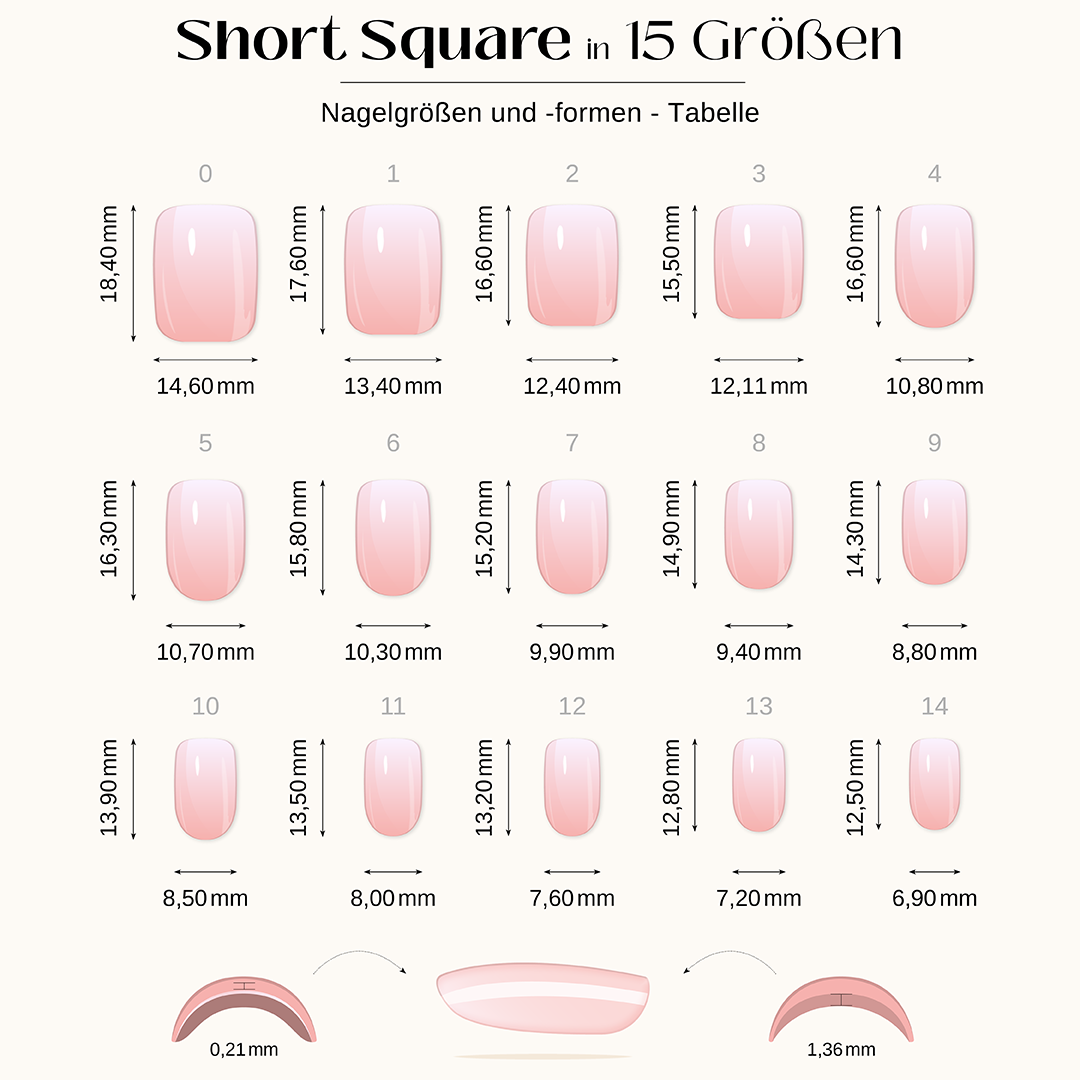 Nagelgrößen-Übersicht der NAILUXE Pure Gel Press On Nägel in Short Square