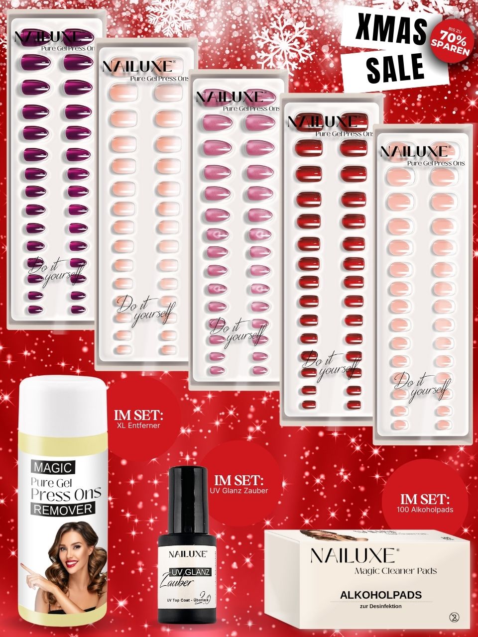 XMAS SALE 5er Pure Gel Press On Set + Entferner + UV Glanz Zauber + Alkoholpads