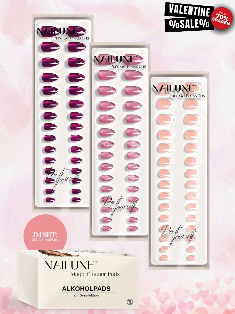 Valentine SALE 3er Pure Gel Press On Set + 100er Box AlkoholPads