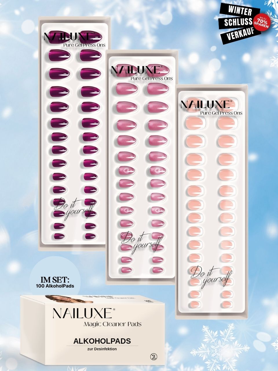 WSV SALE 3er Pure Gel Press On Set + 100er Box AlkoholPads