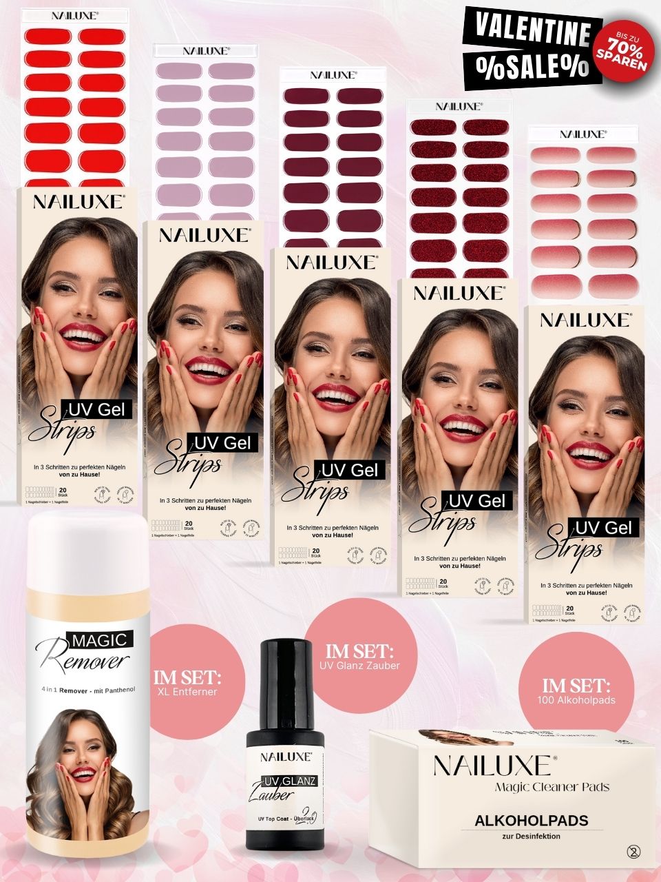Valentine SALE 5er UV Set + Entferner + UV Glanz Zauber + Alkoholpads