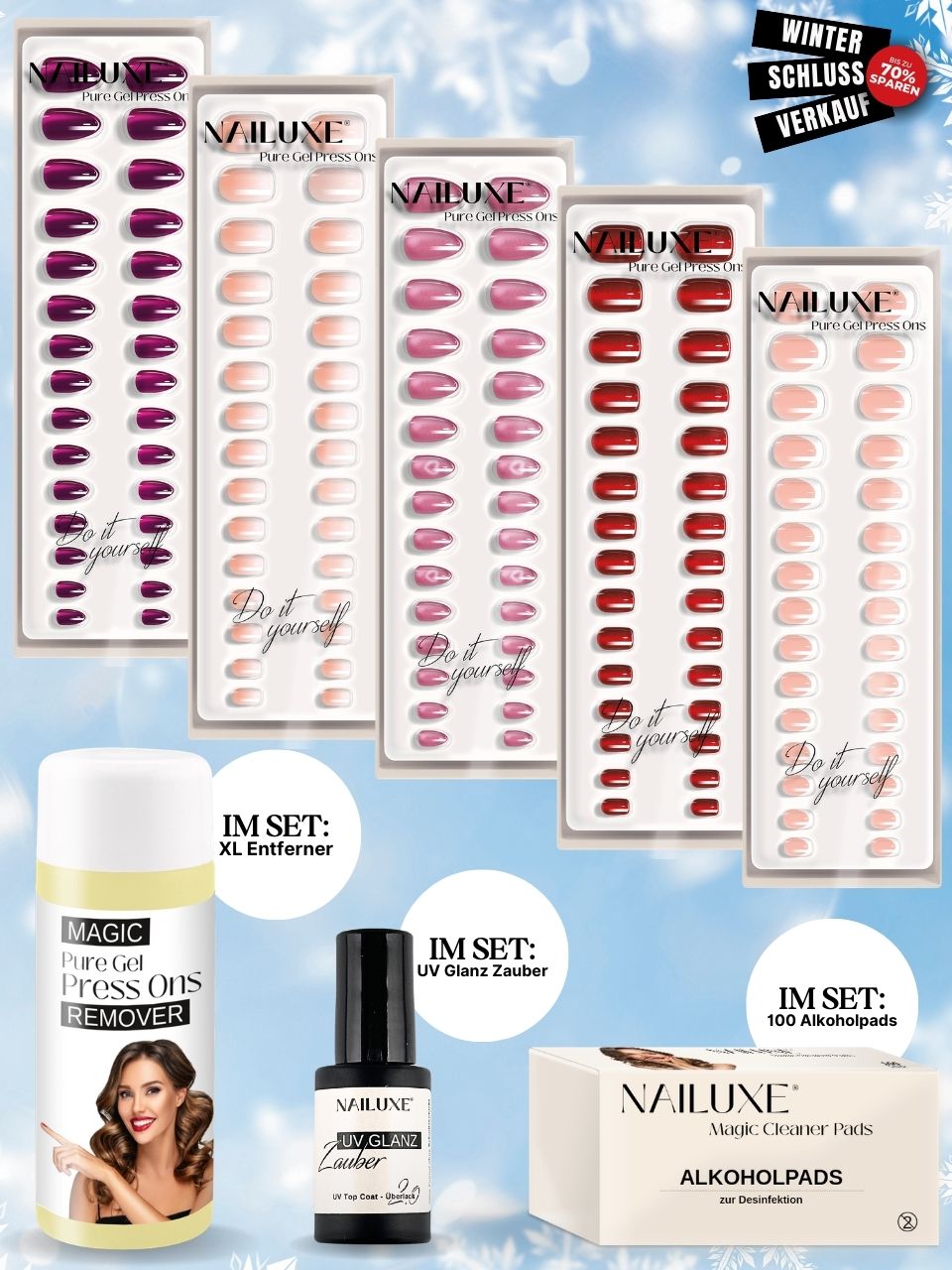 WSV SALE 5er Pure Gel Press On Set + Entferner + UV Glanz Zauber + Alkoholpads