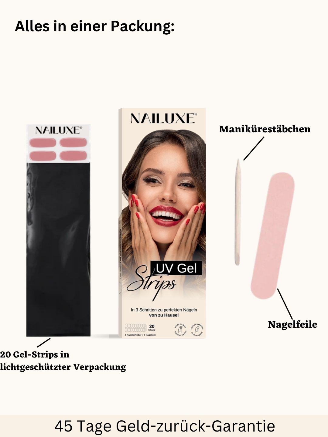 NAILUXE UV Gel Strips Packungsinhalt, 20 Gel-Strips in lichtgeschuetzter Verpackung, Manikuere-Staebchen und Nagelfeile