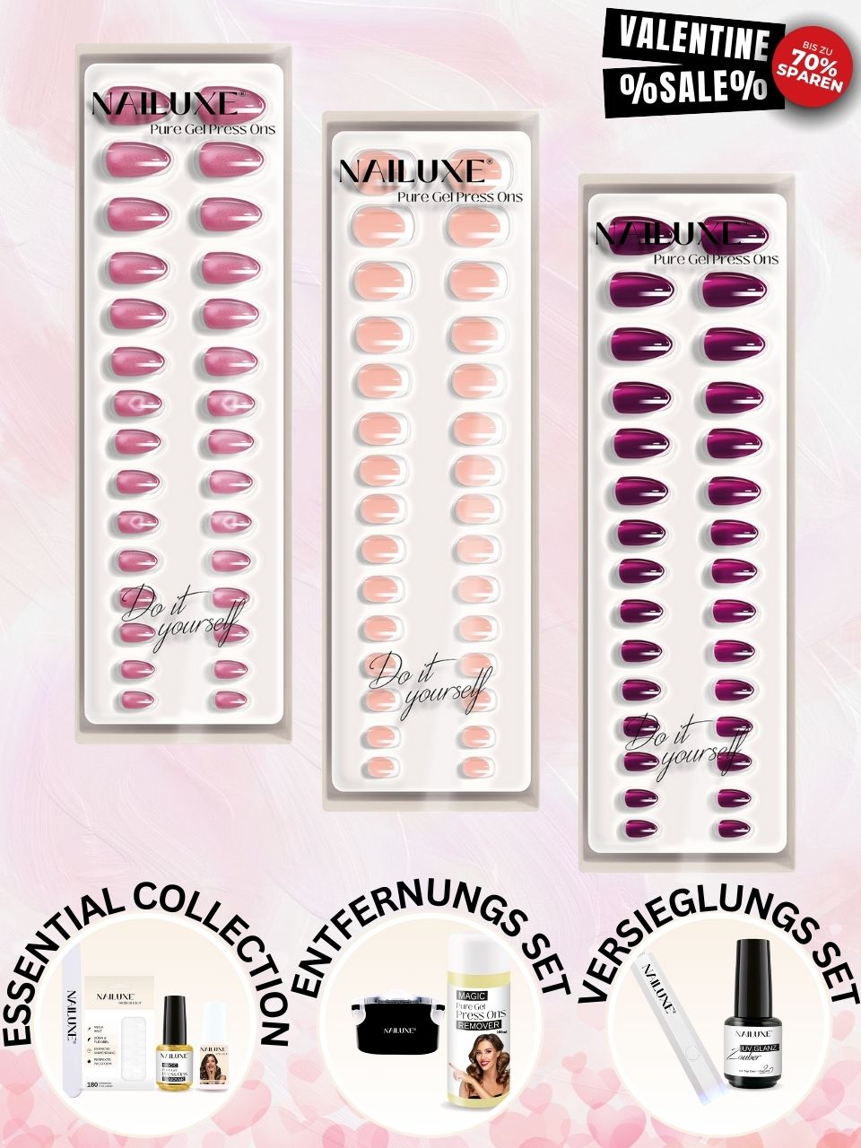 Valentine SALE All in One Set mit Entfernungs-Set und Versieglungs-Set / Pure Gel Press Ons