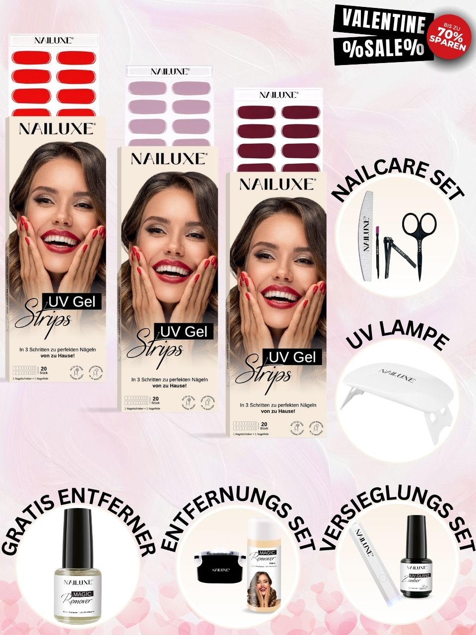 Valentine SALE All in One Set mit Entfernungs-Set und Versieglungs-Set / UV Gel Strips
