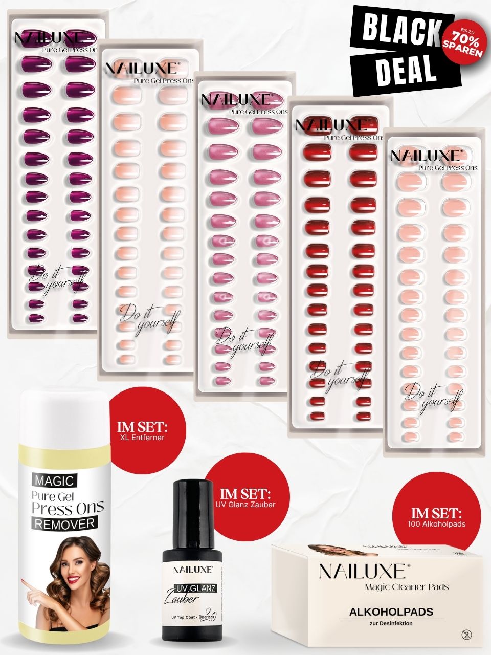 Weihnachts 5er Pure Gel Press On Set + Entferner + UV Glanz Zauber + Alkoholpads