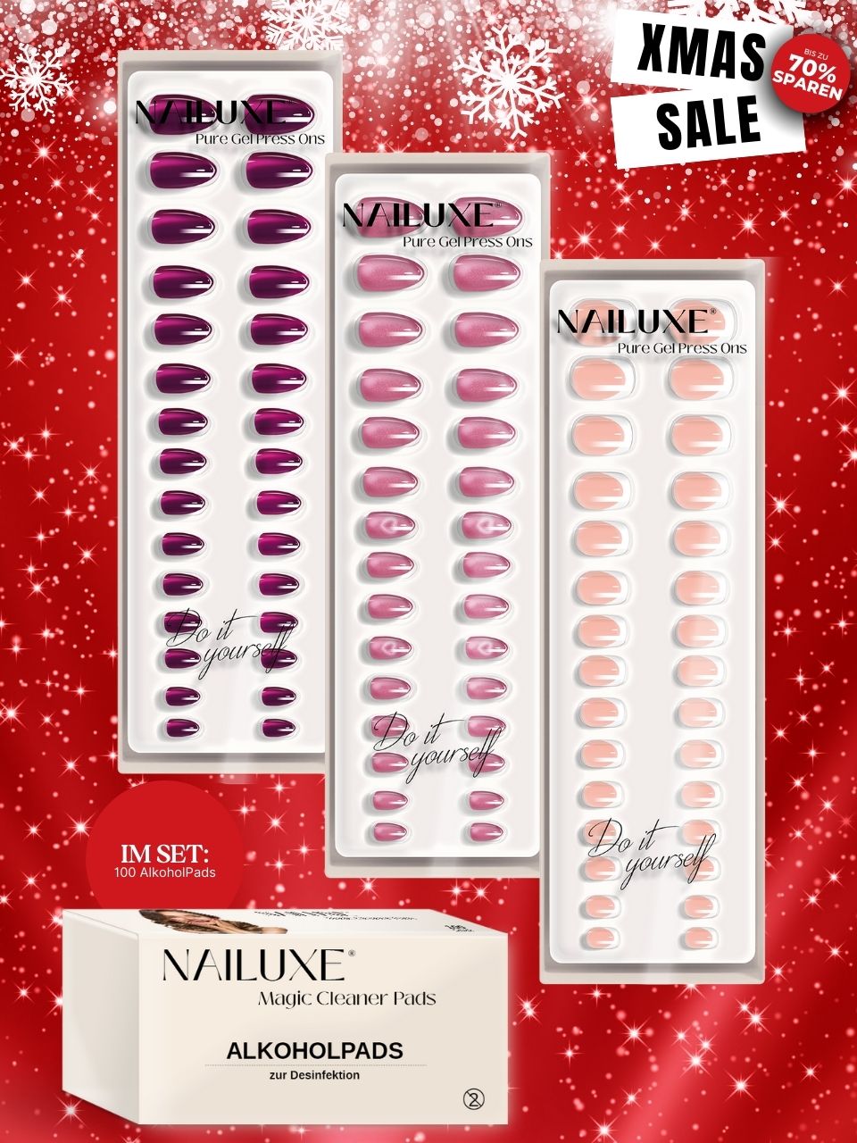 XMAS SALE 3er Pure Gel Press On Set + 100er Box AlkoholPads