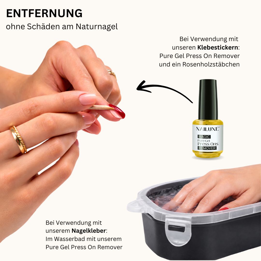 NAILUXE Pure Gel Press-On Nägel entfernen, schonende Entfernung ohne Schäden am Naturnagel mit Remover, Rosenholzstäbchen und Wasserbad