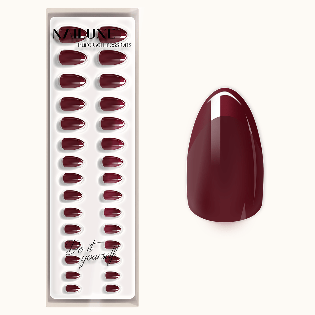 French Vino - Short Almond - Pure Gel Press On - Edle rote French Press-On Nägel in Short Almond Form für elegante Maniküre
