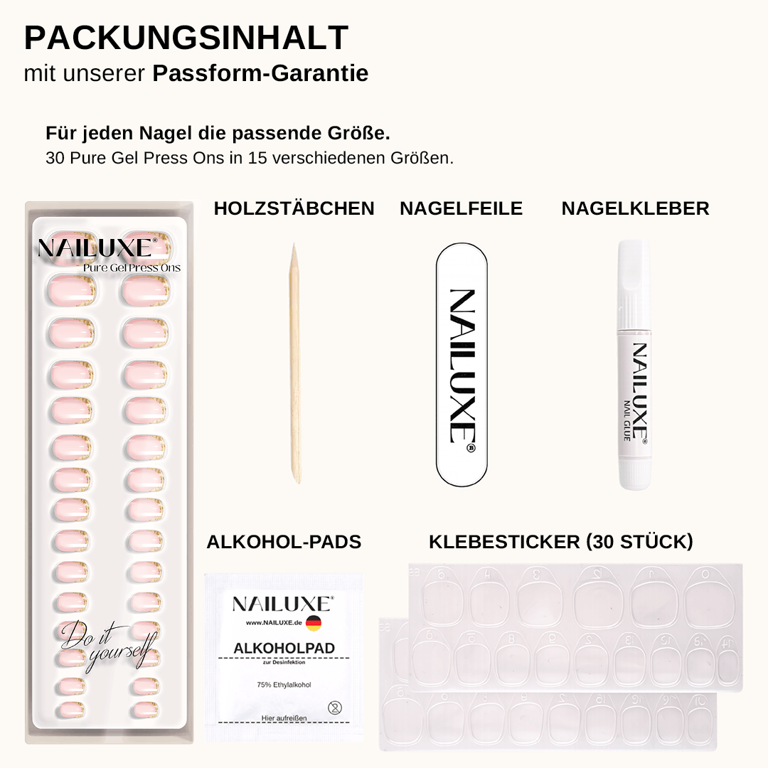 Packungsinhalt French Golden Dust: 15 Press On Nägel, Klebesticker, Nagelkleber, Buffer-Feile und Zubehör