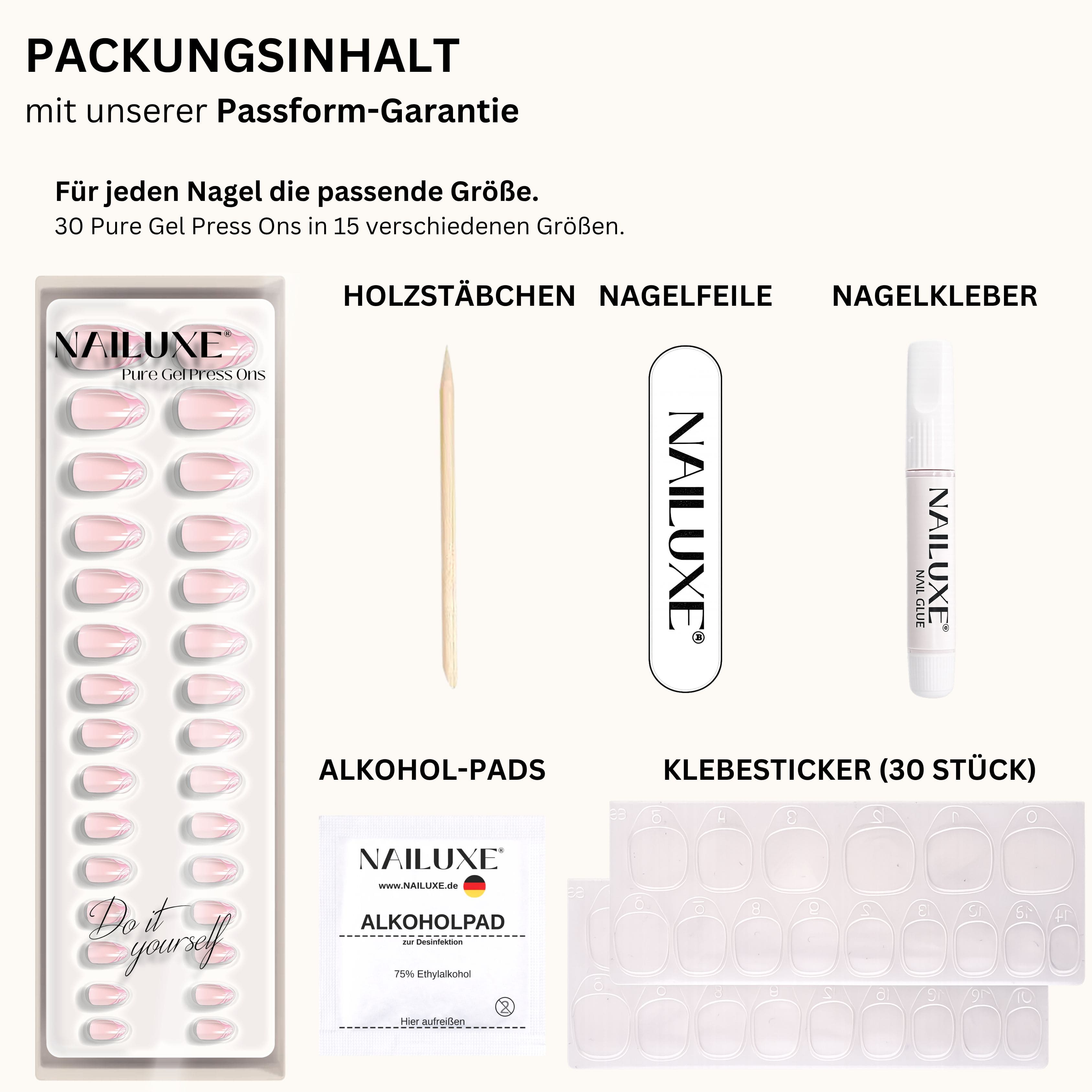 NAILUXE French Sugar Short Almond Pure Gel Press Ons mit Passform-Garantie, Nagelkleber, Feile, Holzstäbchen und Klebestickern im Set.
