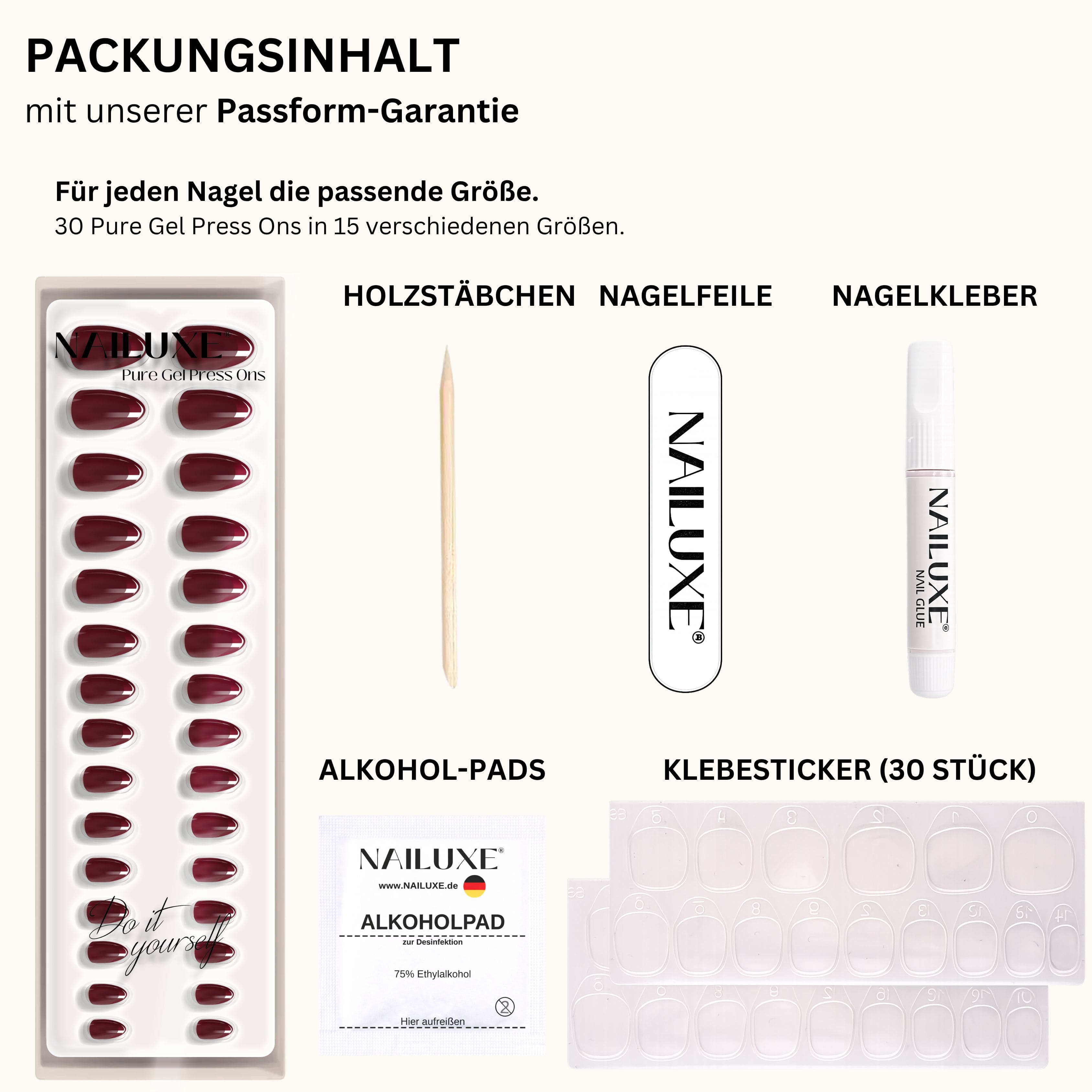 NAILUXE French Vino Short Almond Pure Gel Press Ons mit Passform-Garantie, Nagelkleber, Feile, Holzstäbchen und Klebestickern im Set.
